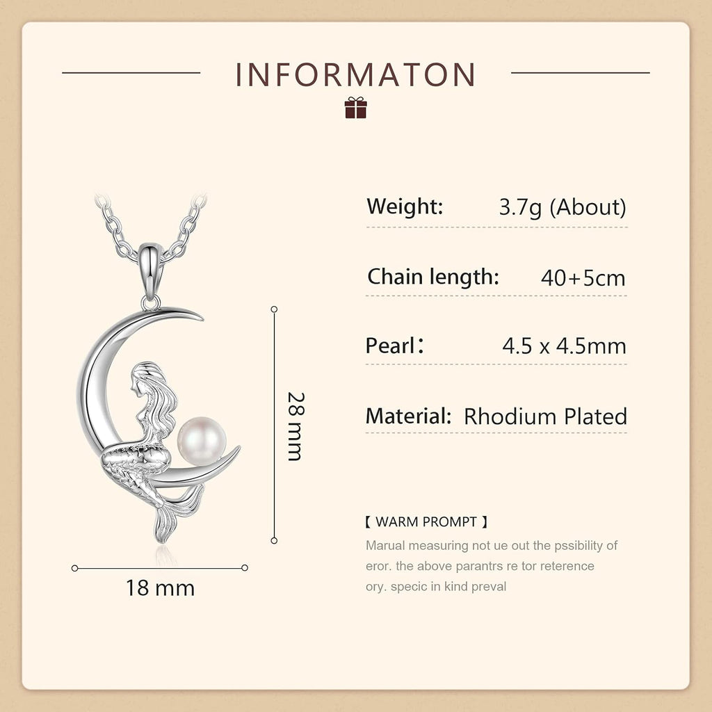 Pearl Mermaid Pendant Necklace for Women,Moon Pendant Mermaid Necklace with Pearl,Silver Jewelry Gifts for Mom,Daughter,Mermaid Moon Necklace Birthday Gifts for Women,Mermaid Necklace